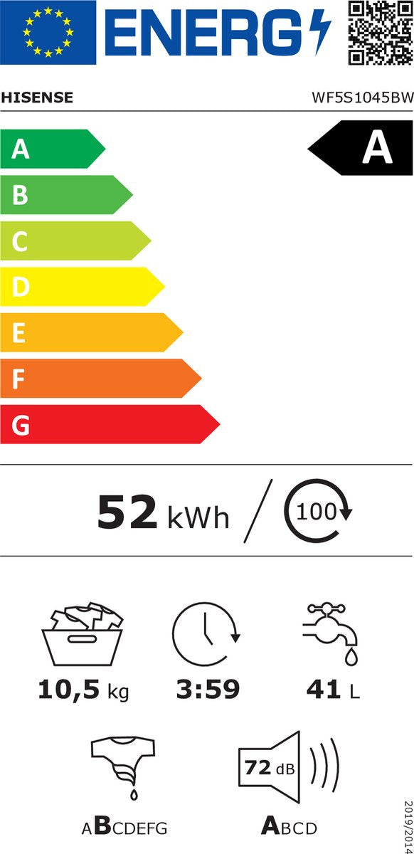 Hisense WF5I1045BWQ – Wasmachine – 10,5 kg – 1400 toeren – Energieklasse A