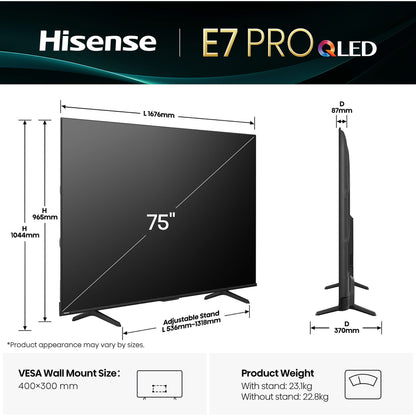Hisense 75E7Q PRO – 75″ QLED 4K Smart TV met Dolby Vision, Dolby Atmos & 144Hz